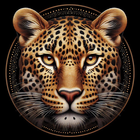 Image of Diamond painting of a leopard's face in a close-up view, showcasing its spots.