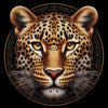 Diamond painting of a leopard's face in a close-up view, showcasing its spots.