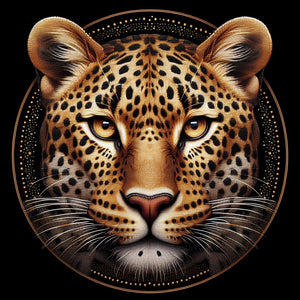 Diamond painting of a leopard's face in a close-up view, showcasing its spots.