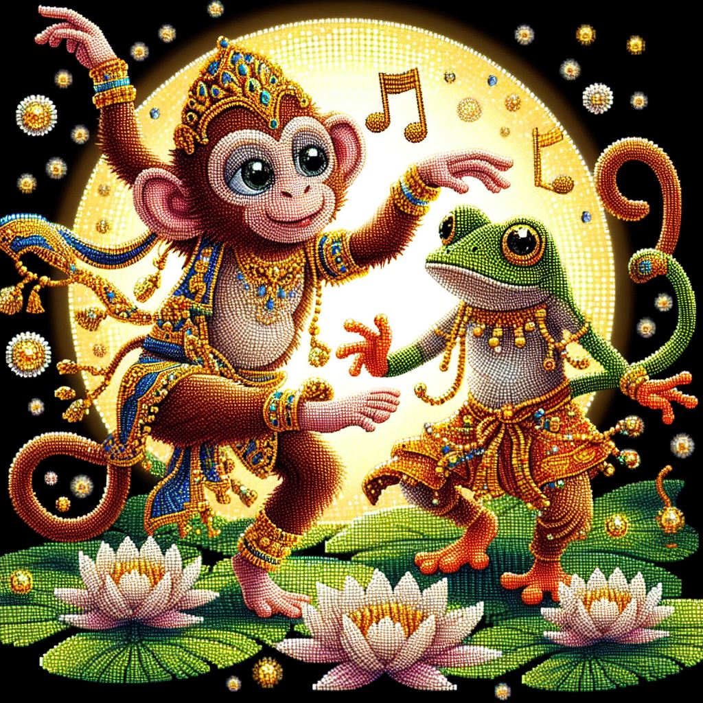 Diamond painting depicting a monkey and a frog dancing together in a lush jungle scene.