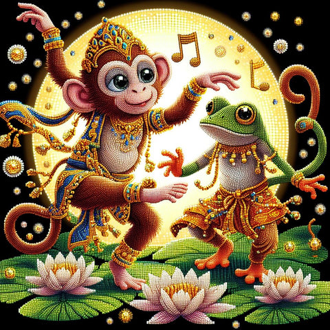 Image of Diamond painting depicting a monkey and a frog dancing together in a lush jungle scene.