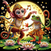 Diamond painting depicting a monkey and a frog dancing together in a lush jungle scene.