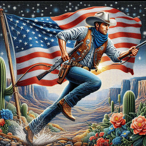 Diamond painting of a patriotic cowboy standing proudly in front of a waving American flag. 