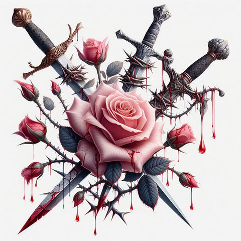 Image of Diamond painting featuring roses and swords, symbolizing beauty and danger.