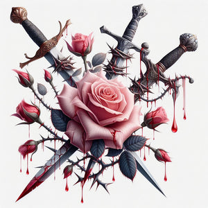 Diamond painting featuring roses and swords, symbolizing beauty and danger.