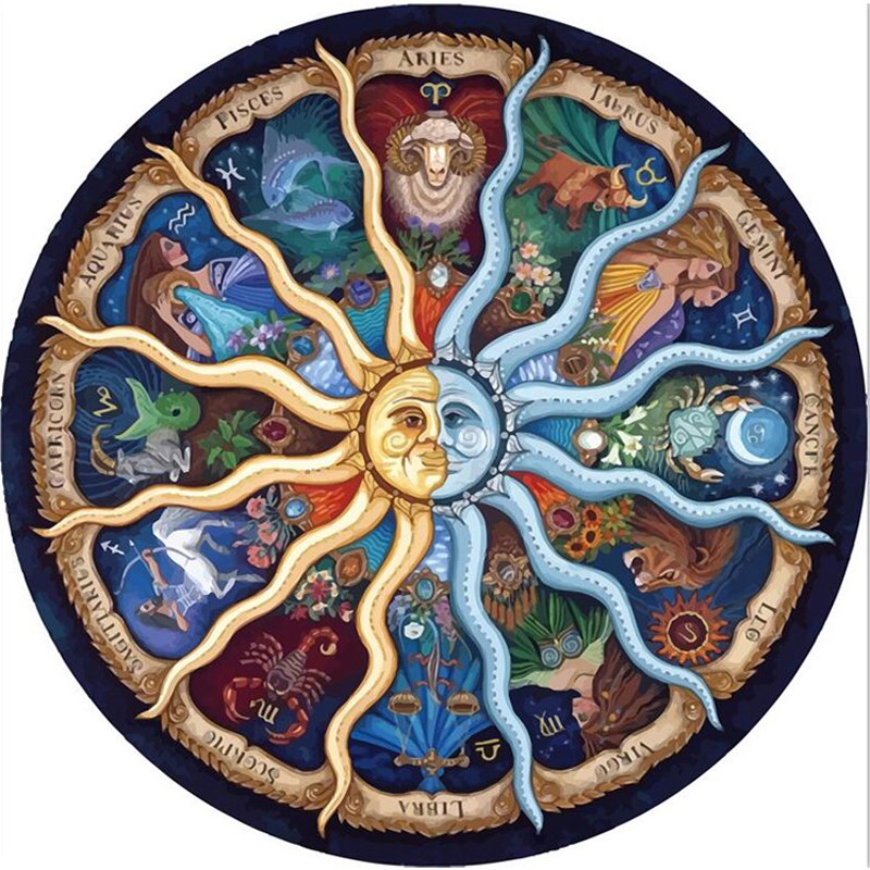 Diamond painting featuring all twelve zodiac signs arranged in a circular pattern around the sun and moon, ideal for meditation.