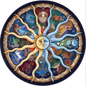 Diamond painting featuring all twelve zodiac signs arranged in a circular pattern around the sun and moon, ideal for meditation.