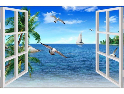 Image of Diamond painting of a beautiful ocean view through a window, with palm trees, seagulls, and a sailboat in the distance.