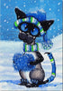 Diamond painting of a cute cat wearing a blue hat and scarf, standing in the snow and holding a snowball.