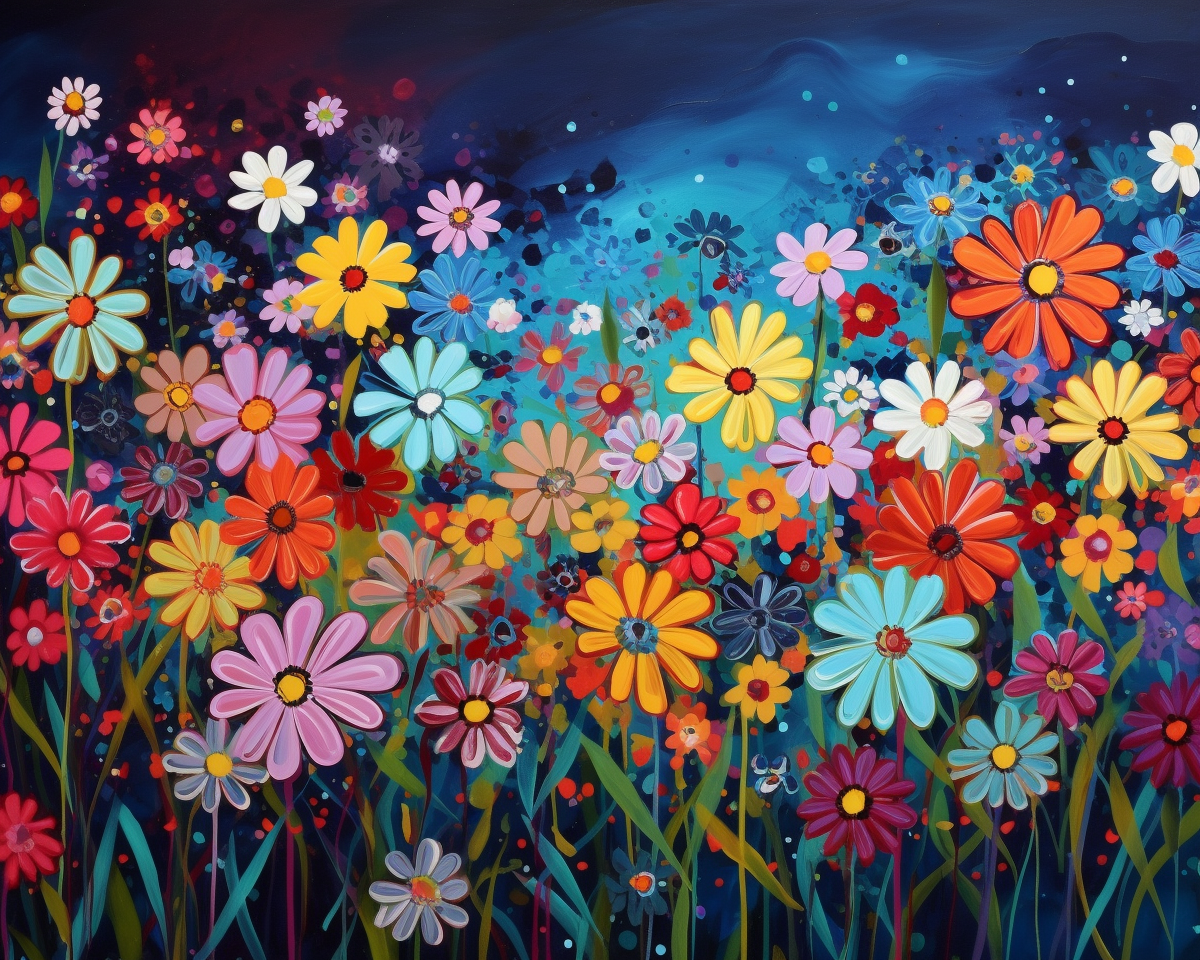 Diamond painting depicting a vibrant field of colorful daisies against a dark blue sky.