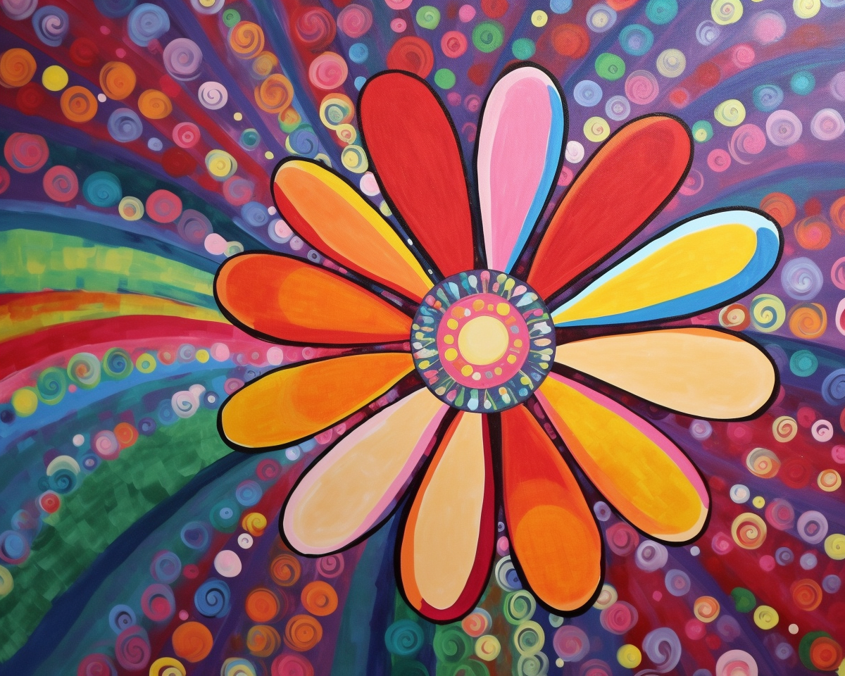 Diamond painting of a vibrant, colorful daisy with a rainbow background and colorful dots.