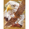 Diamond painting of three eagles, one soaring with its wings outstretched, the other looking directly at the viewer and the other looking on the side.