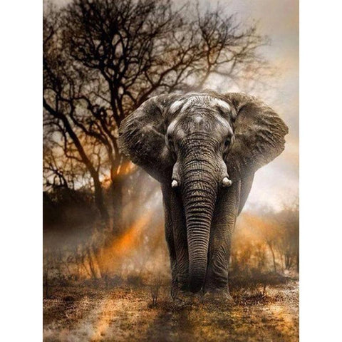 Image of Diamond painting of a majestic African elephant standing in a savanna at sunset.