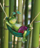 Diamond painting of a relaxed frog napping in a hammock, with a dragonfly perched nearby.