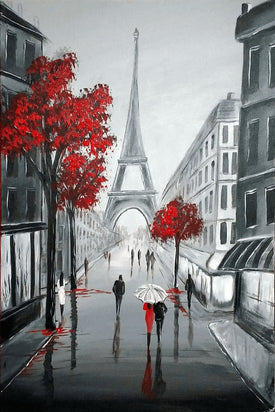 Diamond painting of a Parisian street scene with the Eiffel Tower in the background, red trees, and people walking in the rain.