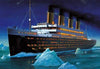 Diamond painting of the RMS Titanic sailing through the ocean with icebergs in the background.