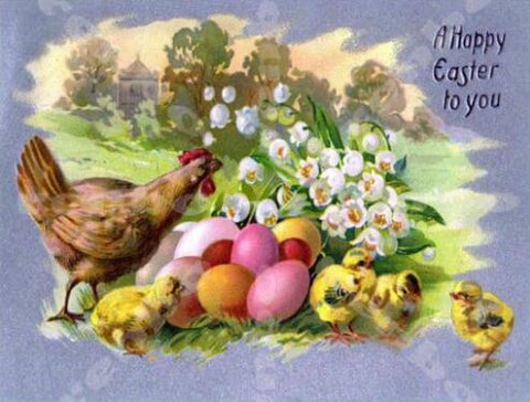 Image of Diamond painting of a hen with her chicks and Easter eggs