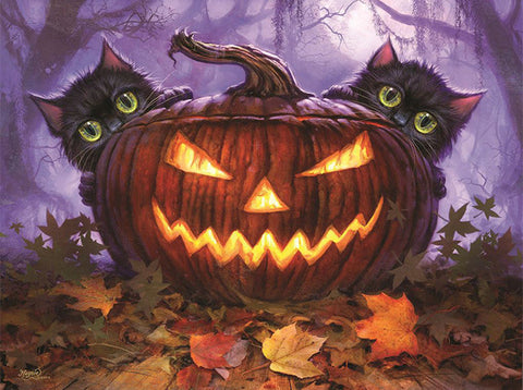 Image of Diamond painting of two black kittens peeking behind an evil jack-o-lantern in a dark forest with autumn leaves on the ground.