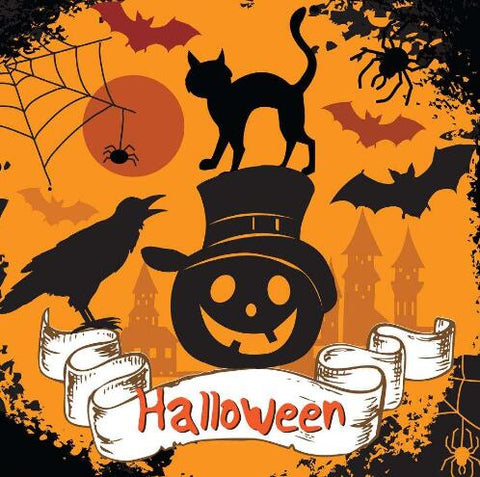 Image of Diamond painting of a black cat standing on a jack-o-lantern with a top hat, surrounded by bats, spiders, a crow, and a castle on an orange background.