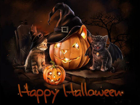 Image of Three kittens dressed as Halloween characters, with a large jack-o-lantern in the center, surrounded by spooky elements like a graveyard and a spooky tree.