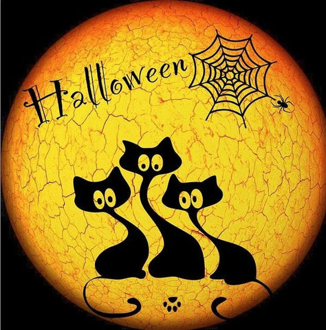 Image of Three black cats silhouetted against a large, orange, cracked moon with a spider web and spider, with the word "Halloween" written across the moon.