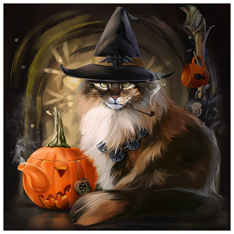 Image of Halloween witch cat smoking a pipe, wearing a witch hat, with a carved pumpkin teapot and a teacup with a spider design.