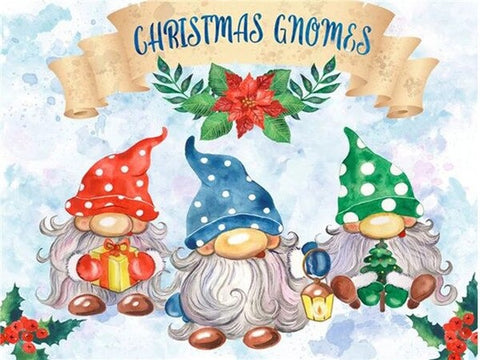 Image of Diamond painting of three Christmas gnomes with a gift, lantern, and Christmas tree