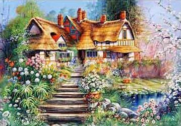 Image of Diamond Painting of Idyllic Cottage with Spring Flowers