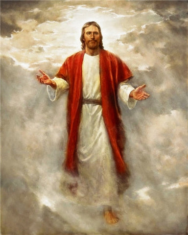 Image of Diamond painting of Jesus Christ, surrounded by clouds and a bright light.