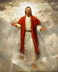 Diamond painting of Jesus Christ, surrounded by clouds and a bright light.