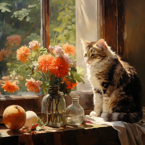 Image of Adorable kitten sitting next to a colorful flower vase by a sunny window, creating a charming and cozy scene.