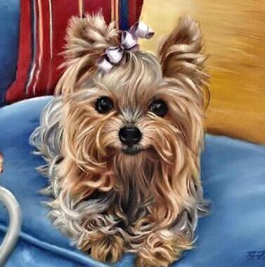 Image of Diamond painting of a cute Yorkshire Terrier dog with a bow on its head, looking directly at the camera.