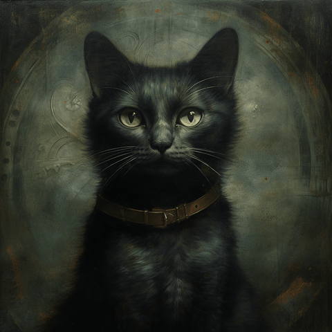 Image of Mystical black cat portrait with a collar, set against a dark, textured background with a hint of gold.