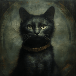 Mystical black cat portrait with a collar, set against a dark, textured background with a hint of gold.