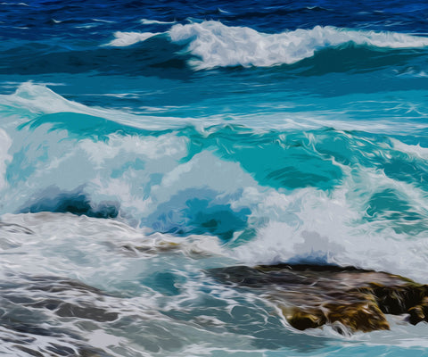 Image of Diamond painting of crashing ocean waves on a rocky shore