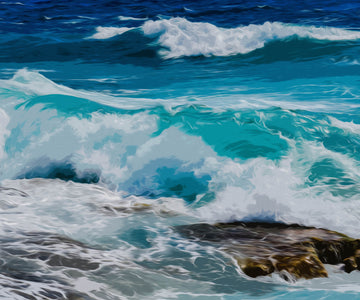 Diamond painting of crashing ocean waves on a rocky shore