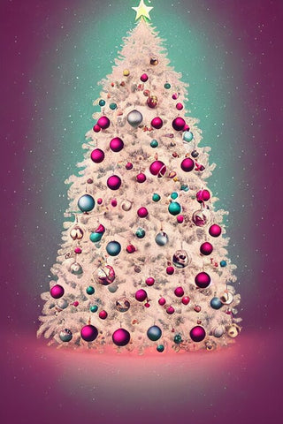 Image of Diamond painting of a beautifully decorated Christmas tree with ornaments and a star on top