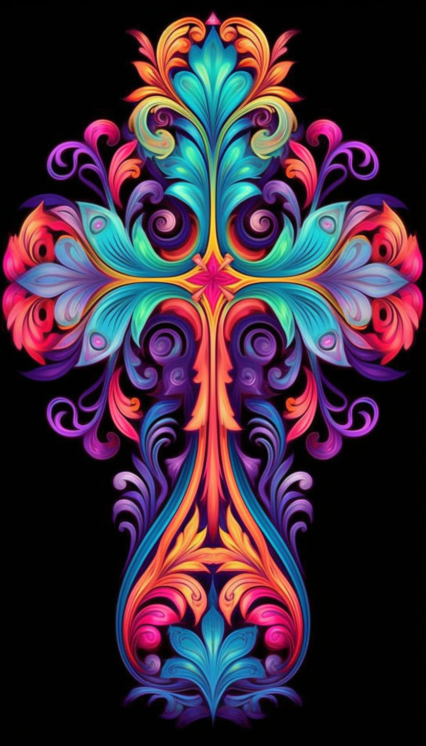 Diamond painting of a colorful, ornate cross with floral details