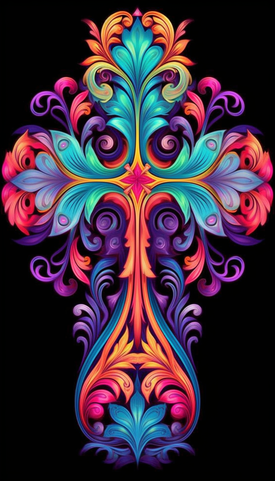 Diamond painting of a colorful, ornate cross with floral details