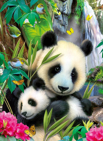 Image of Diamond painting of a giant panda and her cub playing in a bamboo forest with colorful birds and butterflies.