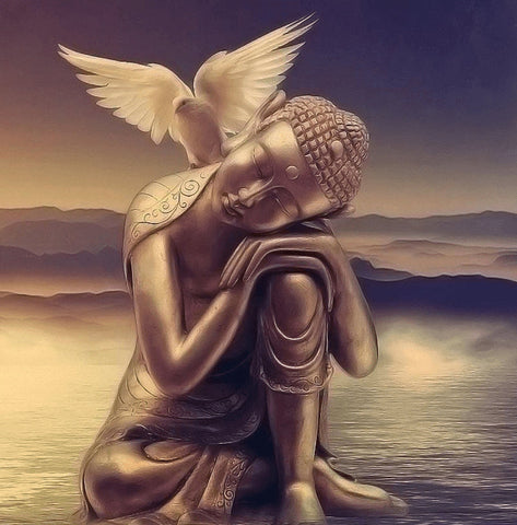 Image of Diamond painting of Buddha meditating peacefully, with a white dove perched on his shoulder.