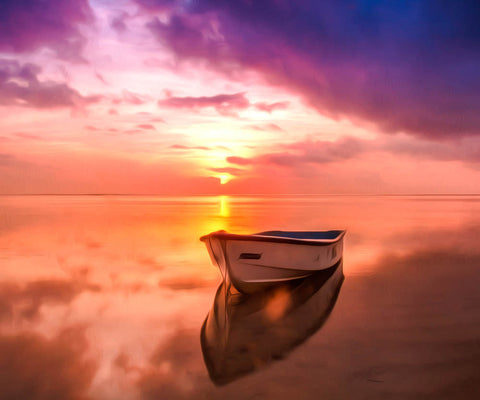 Image of Diamond painting of a small boat anchored in a calm sea, with a vibrant sunset in the background.