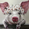 Diamond painting of a cute pig wearing a flower crown, looking curiously at the viewer.