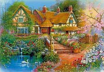 Image of Diamond Painting of Quaint Cottage with Garden and Waterfall