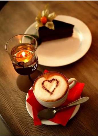 Image of Diamond painting of a cup of coffee with a heart-shaped design, a slice of cake, and a candle