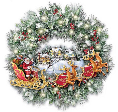 Image of Diamond painting kit of a Christmas wreath with Santa Claus and sleigh