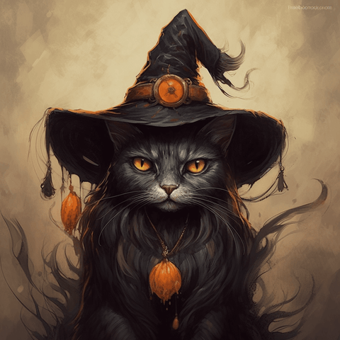 Image of Black cat wearing a witch's hat with a pumpkin charm, looking mysterious with glowing eyes.