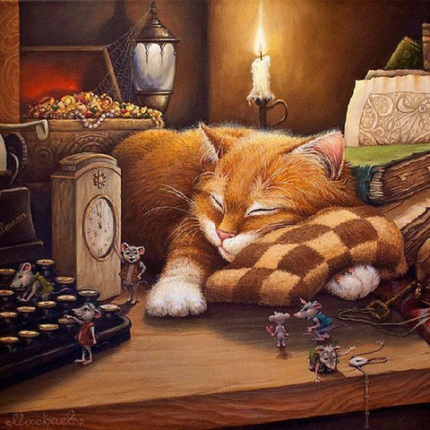 Image of Orange cat sleeping peacefully on a checkered pillow surrounded by mice typing on a typewriter in a cozy, antique-filled room.