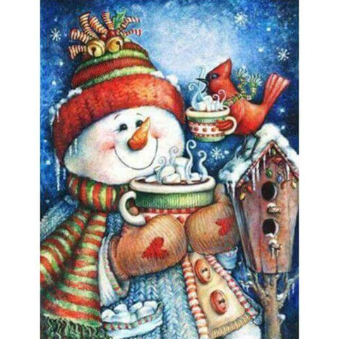 Image of Snowman drinking hot cocoa with a cardinal bird friend, surrounded by snow and a birdhouse.