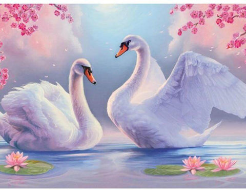 Image of Diamond Painting of Two Swans in Cherry Blossom Pond